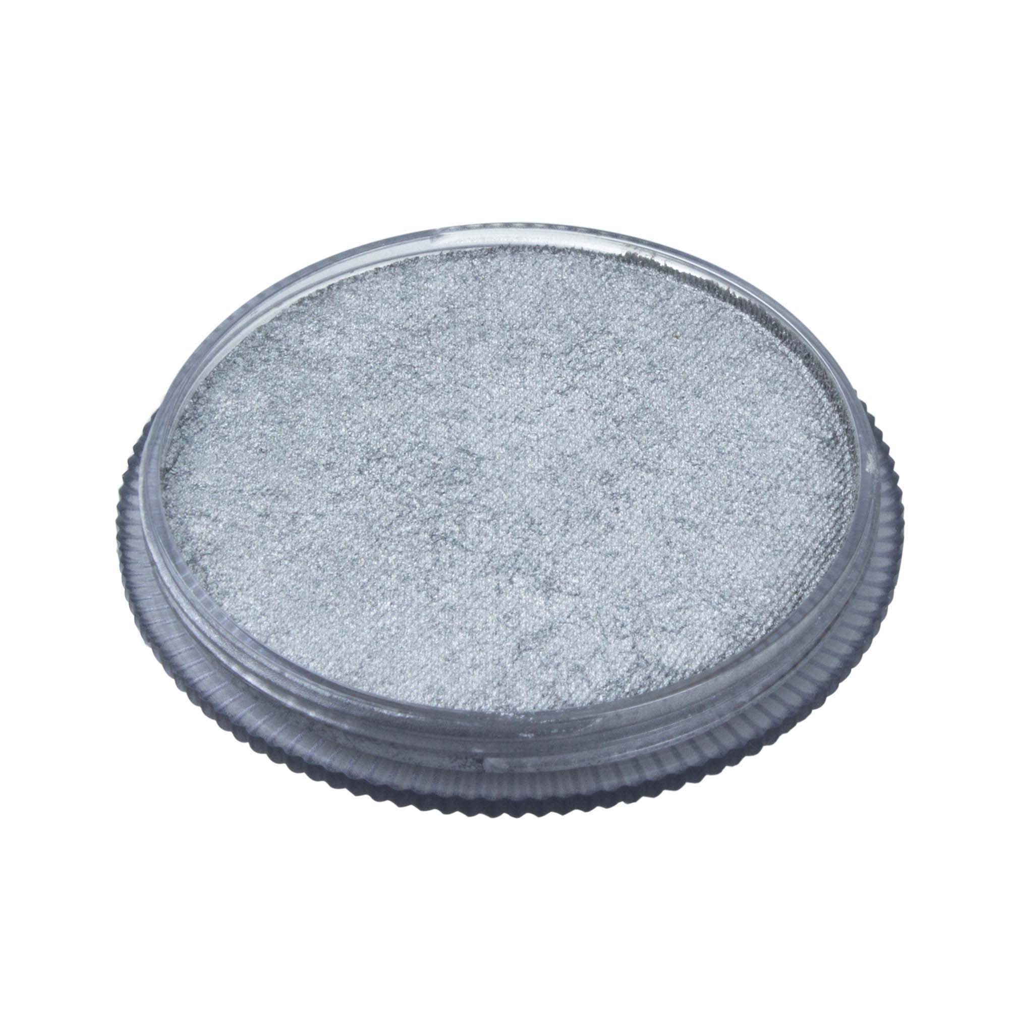 open pot of metallic silver face paint