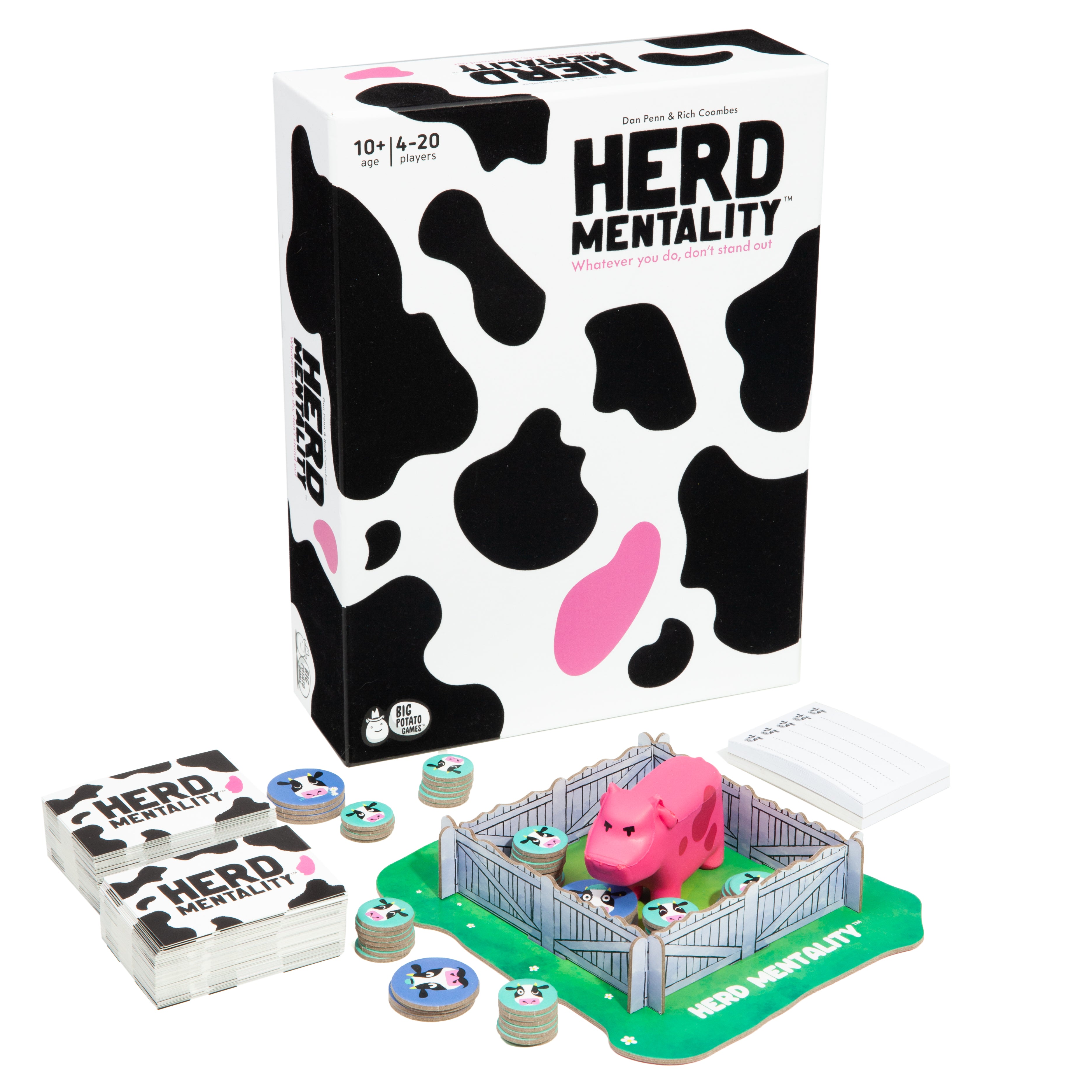 Board game set with 'HERD MENTALITY' packaging and components on a white background