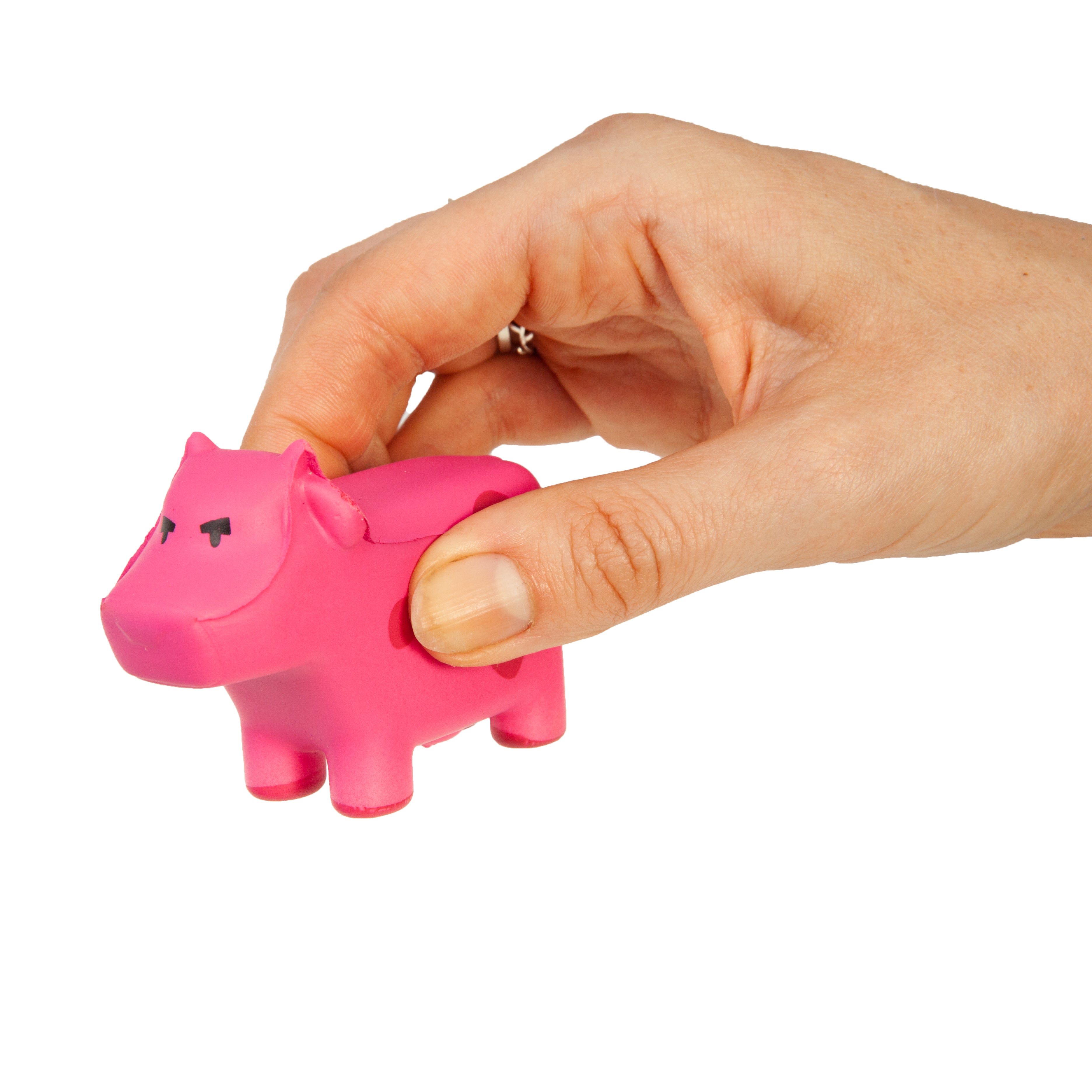 Hand holding a pink hcow object against a white background