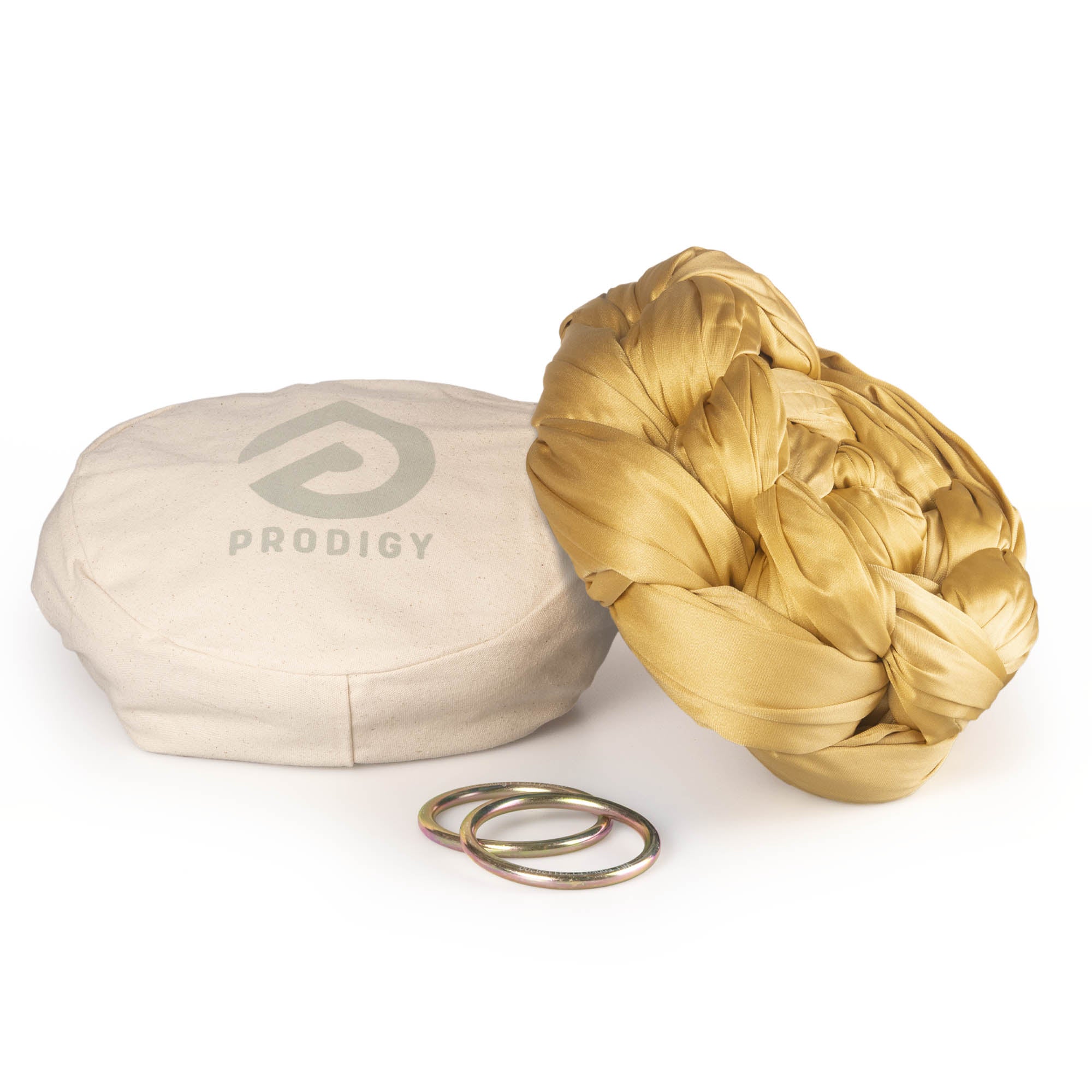 Gold Aerial Sling resting on eco bag with O-rings laying in front