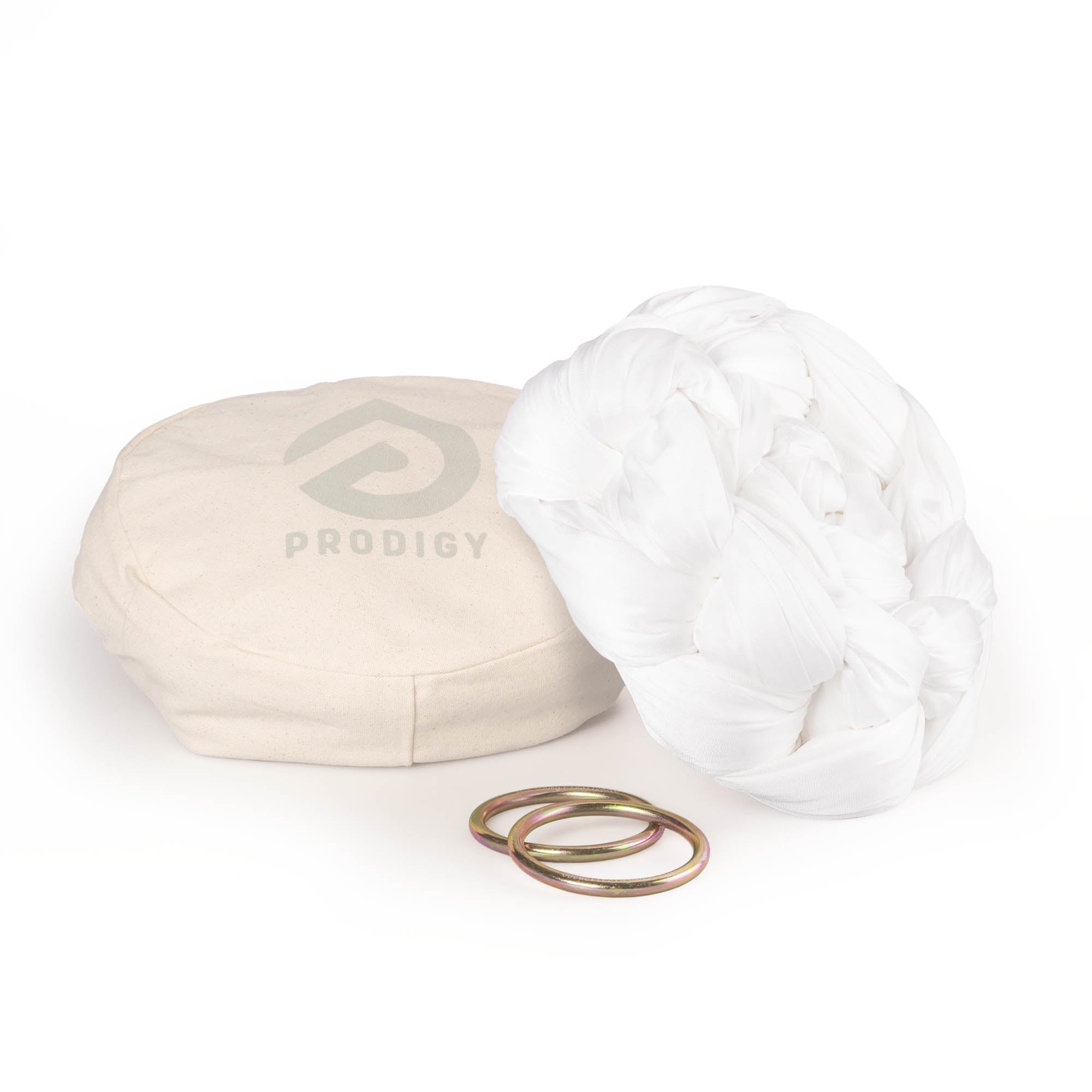 White Aerial Sling resting on eco bag with O-rings laying in front