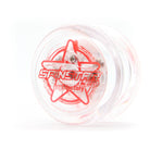 yoyo with clear body and red writing on the side